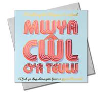 Claire Giles Greeting Cards, Welsh Happy Birthday Relative Card, Cool Relative, Penblwydd Hapus Cwl, Pink Text on Blue and gold foil