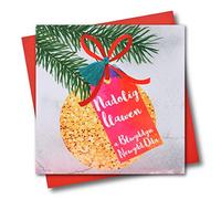 Claire Giles Greeting Cards, Welsh Happy Christmas Card, Nadolig Llawen, Bauble and Pine design Merry xmas Greeting Card, Embellished with a Colourful Tassel