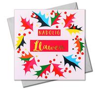 Claire Giles Greeting Cards, Welsh Happy Christmas Card, Nadolig Llawen, Bright Holly design Welsh language xmas Greeting Card, Text Foiled in Shiny Gold