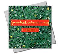 Claire Giles Greeting Cards, Welsh Happy Christmas Card, Thinking of You Wreath & Snowflakes design xmas Card, Text Foiled in Shiny Gold