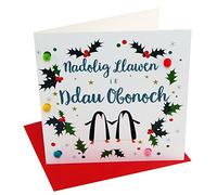 Claire Giles Greeting Cards, Welsh Happy Christmas Card, To Both of You, Nadolig Llawen, penguins design xmas Greeting Card, Embellished with Colourful Pompoms