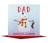 Claire Giles Greeting Cards, Welsh Happy Christmas Dad Card, Nadolig Llawen Dad, Snowman design xmas Greeting Card, Embellished with Colourful Pompoms