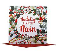 Claire Giles Greeting Cards, Welsh Happy Christmas Gran Card, Nadolig Llawen Nain, Holly Design Xmas Greeting Card, Embellished with Colourful Pompoms