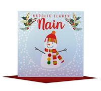 Claire Giles Greeting Cards, Welsh Happy Christmas Granny Card, Nadolig Llawen Nain, Snowman Design Xmas Greeting Card, Embellished with Colourful Pompoms
