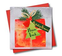 Claire Giles Greeting Cards, Welsh Happy Christmas Granny & Grandad Card, Nain a Taid, Welsh language xmas Greeting Card, Embellished with a Colourful Tassel