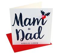 Claire Giles Greeting Cards, Welsh Happy Christmas Mum and Dad Card, Nadolig Llawen Mam a Dad, Embellished with Colourful Pompoms