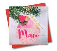 Claire Giles Greeting Cards, Welsh Happy Christmas Mum Card, Nadolig Llawen Mam, Bauble design xmas Greeting Card, Embellished with a Colourful Tassel