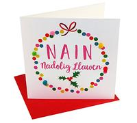 Claire Giles Greeting Cards, Welsh Happy Christmas Nana Card, Nadolig Llawen Nain, Bauble Design Xmas Greeting Card, Embellished with Colourful Pompoms