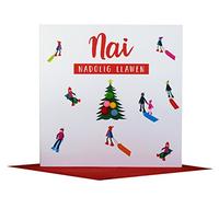 Claire Giles Greeting Cards, Welsh Happy Christmas Nephew Card, Nadolig Llawen NAI, Sledgers Design Xmas Greeting Card, Embellished with Colourful Pompoms