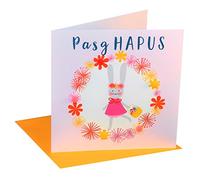 Claire Giles Greeting Cards, Welsh Happy Easter Card, Pasg Hapus, Bunny Girl design "Hoppy Easter" Greeting Card, Pompom Embellished