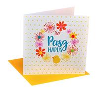 Claire Giles Greeting Cards, Welsh Happy Easter Card, Pasg Hapus, Dots & Flowers Design Easter Greeting Card, Pompom Embellished