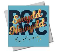 Claire Giles Greeting Cards, Welsh New Job Card, Pob Lwc Swydd Newydd, Blue background design Good Luck in New Job Card, with gold foil