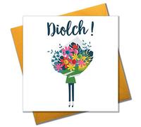Claire Giles Greeting Cards, Welsh Thank you Card, Diolch, Flowers Bouquet design Thank You Greeting Card, Pompom Embellished