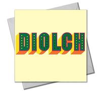 Claire Giles Greeting Cards, Welsh Thank You Card, Diolch, Green block letters design Greeting Card, with gold foil