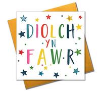 Claire Giles Greeting Cards, Welsh Thank You Card, Stars Design Thank You Greeting Card, Embellished with Colourful Pompoms