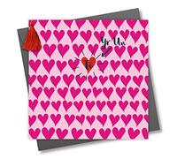 Claire Giles Greeting Cards, Welsh Valentine's Day Card, Ddyd Santes Dwynwen Hearts Background Design, Greeting Card Embellished with a Tassel