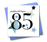 Claire Giles Hearts and Stars Welsh Happy 85th Birthday Card - Blue