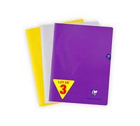 Clairefontaine 293312AMZ Set of 3 Mimesys Stapled Notebooks - 24x32 cm - 48 Small Square Pages - White Paper 90 g - Assorted Polypro Covers (Colourless, Yellow and Purple)