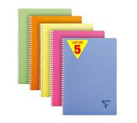 Clairefontaine 328126C Collection Linicolor FRESH Lot de 5 Cahiers à Spirale - A4 21x29,7 cm - 180 Pages Petits Carreaux - Papier Blanc 90 g - Couverture Polypro Transparent - Couleurs Aléatoires