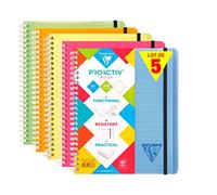 Clairefontaine 328776C Lot de 5 Cahiers Proactiv'Book Linicolor - A5+ 16x21 cm - 160 Pages Détachables Lignées Cadrées - Papier Blanc 90 g - Couverture Polypro Transparent - Couleurs Aléatoires