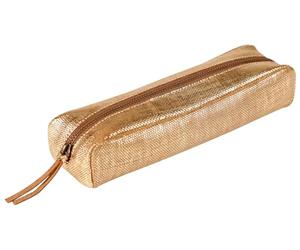 Clairefontaine 410040C -Golden Rectangular School Pencil Case Textile Effect 21x6x4cm in Genuine Lambskin Leather - School Supplies - Pencil Case - Pen Holder