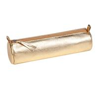 Clairefontaine - Ref 8692C - Cuirisé' Leather Round Pencil Case - 22cm x 5.5cm, Made From Genuine Lambskin Leather, Metal Zip With Leather Puller - Gold