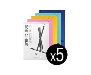 Clairefontaine 96619C Bloc Agrafé GraF'it - 80 Feuilles Papier Dessin Croquis Uni - Feuilles Détachables - A6 10,5x14,8 cm 90g - Couleurs de Couverture ass Aléatoires - Paquet de 5 blocs