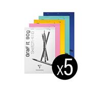 Clairefontaine 96619C Graf'It Stapled Pad - 80 Sheets Plain Sketch Drawing Paper - Detachable Sheets - A6 10.5x14.8 cm 90g - Random Ass Cover Colours - Pack of 5 pads