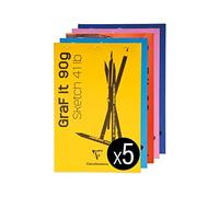 Clairefontaine 96623C Bloc Agrafé GraF'it - 80 Feuilles Papier Dessin Croquis Uni - Feuilles Détachables - A4 21x29,7 cm 90g - Couleurs de Couverture ass Aléatoires - Paquet de 5 blocs