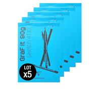 Clairefontaine 96669C Graf'It Stapled Pad - 80 Sheets Plain Sketch Drawing Paper - Detachable Sheets - A6 10.5x14.8 cm 90g - Sky Blue Cover - Pack of 5 pads