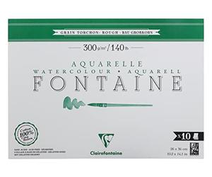 Clairefontaine 975515C Fontaine Single-Sided Glued Pad - 10 Sheets of 100% Cotton White Watercolour Paper, Torchon Grain, Professional Quality, 26x36 cm, 300g