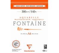 Clairefontaine 975948C - Pad Glued 2 Sides Fontaine - 12 Sheets White Watercolor Paper 100% Cotton Satin Grain Professional Quality A4 21x29.7 cm 300g