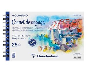Clairefontaine 975959C - Aquapad Spiral-bound Travel Journal - 25 Sheets of Medium-Grain White Watercolour Paper 17x27 cm 300g - Ideal for Globetrotting Artists