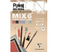 Clairefontaine 976015C - Bloc Collé PaintON MIX6 Multi-Techniques A4 21x29,7 cm 250g - 24 Feuilles Papier Dessin Multi-Techniques - Assorti de 6 Papiers