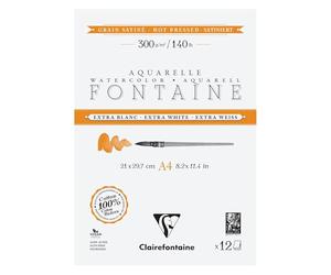 Clairefontaine 976027C Fontaine Extra White 2-Sided Glued Pad - 12 Sheets Extra White 100% Cotton Satin Grain Watercolour Paper - Professional Quality A4 300g