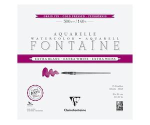 Clairefontaine 976046C Fontaine White 4-Sided Glued Pad - 15 Sheets of Extra White 100% Cotton Fine Grain Watercolour Paper - Professional Quality 30x30cm 300g