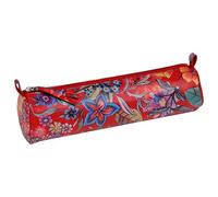 Clairefontaine - Ref 410108C - Céleste' Leather Round Pencil Case - 22cm x 5.5cm, Made From Genuine Lambskin Leather, Metal Zip With Leather Puller - Red Garden