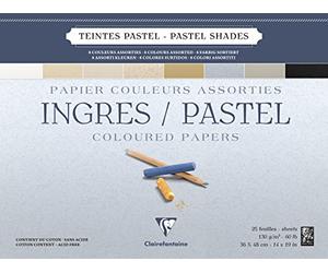 Clairefontaine - Ref 96489C - Ingres Pastel Colour Glued Pad (25 Sheets) - 36 x 48cm Size, Cotton Content, Acid Free, 130gsm Paper - Assorted Pastel Colours