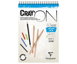 Clairefontaine - Ref 975025C - Cray'On White Wirebound Sketch Pad (50 Sheets) - A3 (29.7 x 42cm) Size, 120gsm 100% Cellulose Paper, Grained One Size & Smooth Other Side