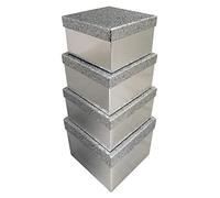 Clairefontaine X-31049-BXC - A Set Of 4 Square Silver Glitter Stackable Boxes - Dimensions: 16x16x9.6cm + 18x18x10.8cm + 20x20x12cm + 22x22x13.2cm - Colour: Silver - Gift Box
