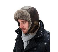 Clakllie PU Leather Trapper Hats Faux Fur Trooper Hat Winter Hunting Hats Snow Eskimo Cap Ushanka Russian Hat,PL2508-Brown