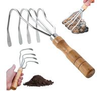 Clam Rake 4 Teeth Steel Clamming Rake Non-slip Hand Rake with Wooden Handle Sturdy Multi-Purpose Clam Rake for Clamming, Gardening & More Clam Rake for Clamming Rake Hand Rake Clamming Equipment