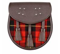 Clan Wallace Tartan Leather Sporran with Tassels - Brown Celtic Embossed Kilt Pouch - Traditional Scottish Highland Dress Accessory