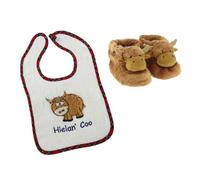 Clans of scotland Baby Bib and Bootees 0-6 Months - Highland Cow design - Boys & Girls - Celebration Gift set Newborn, Infants, Toddlers Cotton Soft Shoes and bib set