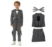 Claofoc Jack Skellington Costume for Children, Nightmare Before Christmas, Jack Skeleton Suit with Mask, Gothic Uniform, Cosplay Outfits, Halloween, Carnival Party (140)