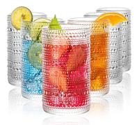 Claplante Hobnail Drinking Glasses, 6 pcs Embossed Designed Highball Glasses, 12oz Glass Cups, Tall Water Glass Tumbler, Mojito Cups, Cocktail Glass, Vintage Glassware Set for Juice, Cocktail, Whiskey