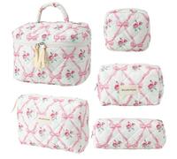Clapzooki 5 PCS Bow Makeup Bag Set for Women Coquette Cosmetic Makeup Bag Cute Floral Cotton Makeup Bag Bow Makeup Bag Large Aesthetic Makeup Bag Set For Women Girls, Floral Bow, 5pcs Per Set