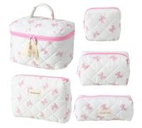 Clapzooki 5 PCS Bow Makeup Bag Set for Women Coquette Cosmetic Makeup Bag Cute Floral Cotton Makeup Bag Bow Makeup Bag Large Aesthetic Makeup Bag Set For Women Girls, Pink Bow, 5pcs Per Set