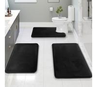 Clara Clark 3 Piece Velvet Memory Foam Bath Mat Set - Non-Slip, PVC Backing, Washable Bathroom Rugs - Dries Quickly, Black