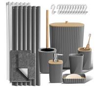 Clara Clark Bathroom Accessories Set - Bathroom Accessory Set with Shower Curtain Set, Toilet Brush, Trash Can & Soap Dispenser & Rugs (Grey, Complete Set + Bath Rugs)